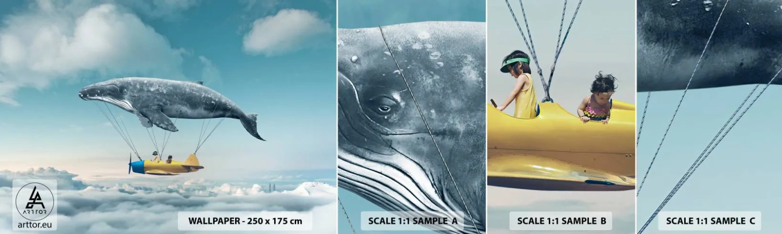 Échantillon De Papier Peint Standard Eco - Pourquoi pas? - Baleine, Enfants, Avion - 100x30 cm