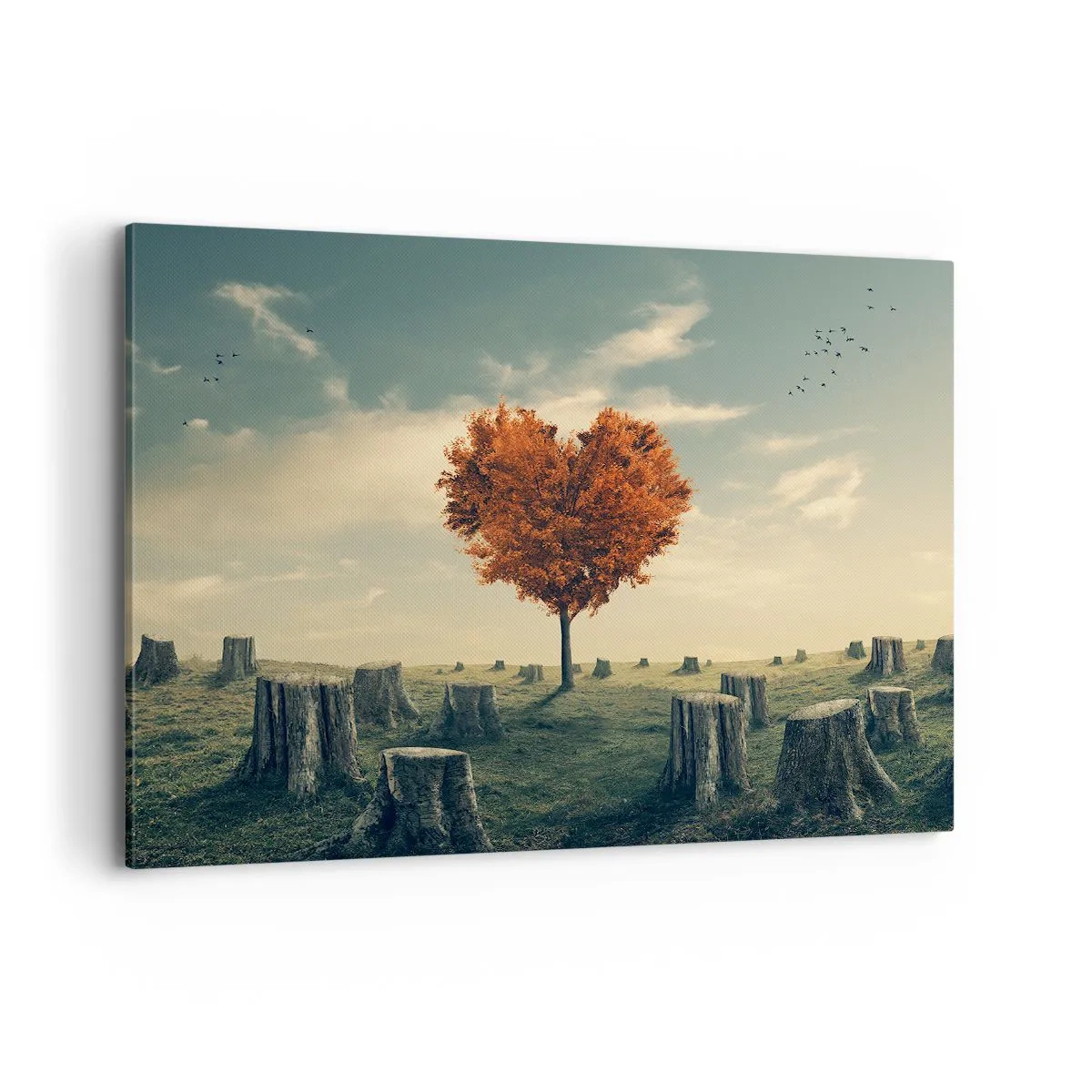 Impression sur toile - Image sur toile - Un arbre en forme de cœur dans un champ de souches, symbole d'espoir - 120x80cm - Il y a toujours de l'espoir - Décoration murale moderne pour le salon et la chambre ARTTOR