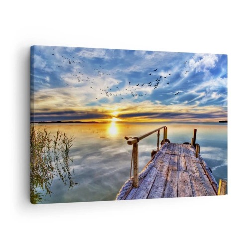 Impression sur toile - Image sur toile - Jetée en bois sur le lac au coucher du soleil - 70x50cm - Le vent se repose - Décoration murale moderne pour le salon et la chambre ARTTOR