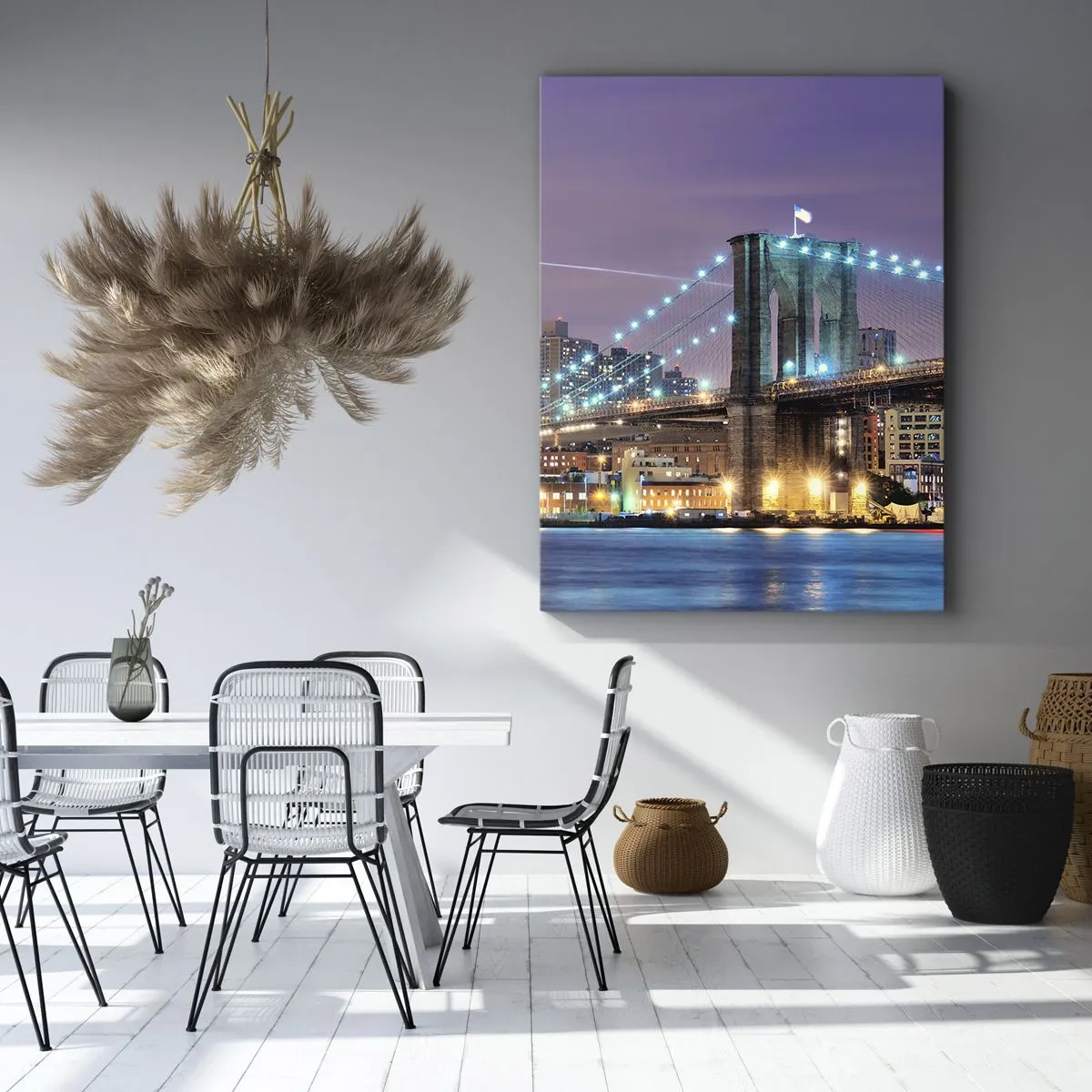 Impression sur toile - Image sur toile - Le pont de Brooklyn la nuit avec la ville illuminée en arrière-plan - 50x70cm - Depuis de nombreuses années le pont de Brooklyn - Décoration murale moderne pour le salon et la chambre ARTTOR