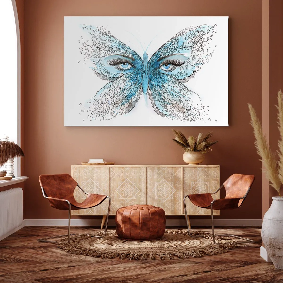 Impression sur toile - Image sur toile - Aquarelle artistique d'un papillon aux yeux bleus - 70x50cm - Mésange bleue Eros - Décoration murale moderne pour le salon et la chambre ARTTOR