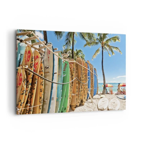 Impression sur toile - Image sur toile - Planches de surf sur une plage avec des palmiers - 120x80cm - Jeux ensoleillés - Décoration murale moderne pour le salon et la chambre ARTTOR