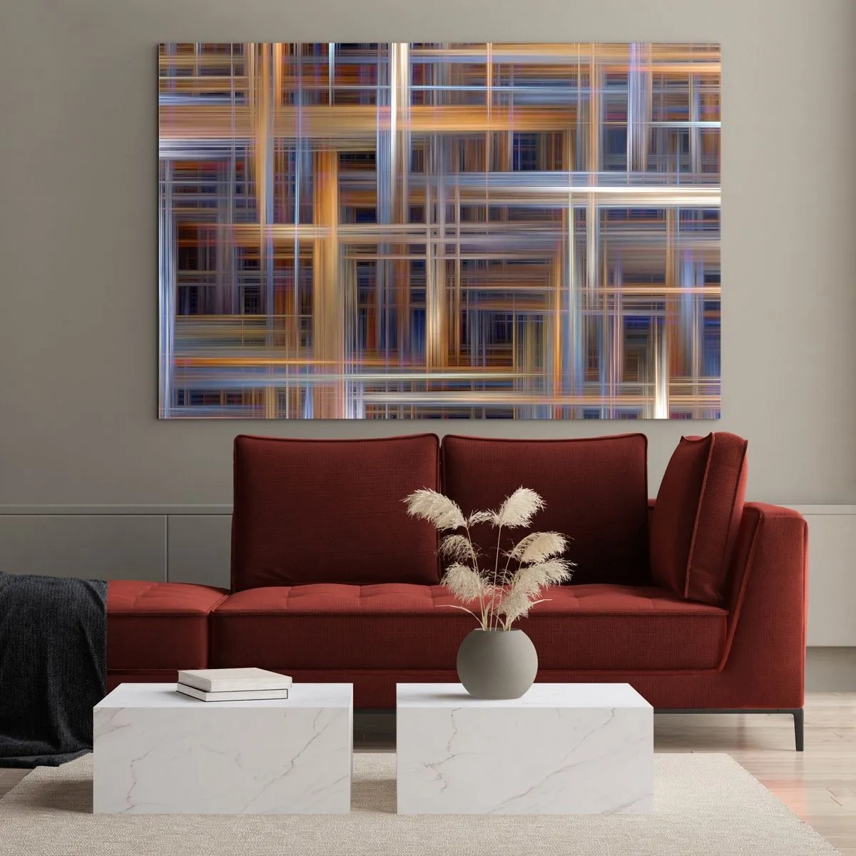 Impression sur verre - Image sur verre - Motif géométrique de lignes et de couleurs dans un style abstrait - 70x50cm - Tissé de lumière - Décoration murale moderne pour le salon et la chambre ARTTOR