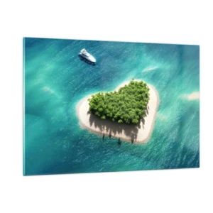 Impression sur verre - Image sur verre - Illustration d'une île en forme de cœur avec un bateau sur une mer turquoise - 120x80cm - J'aime l'été - Décoration murale moderne pour le salon et la chambre ARTTOR