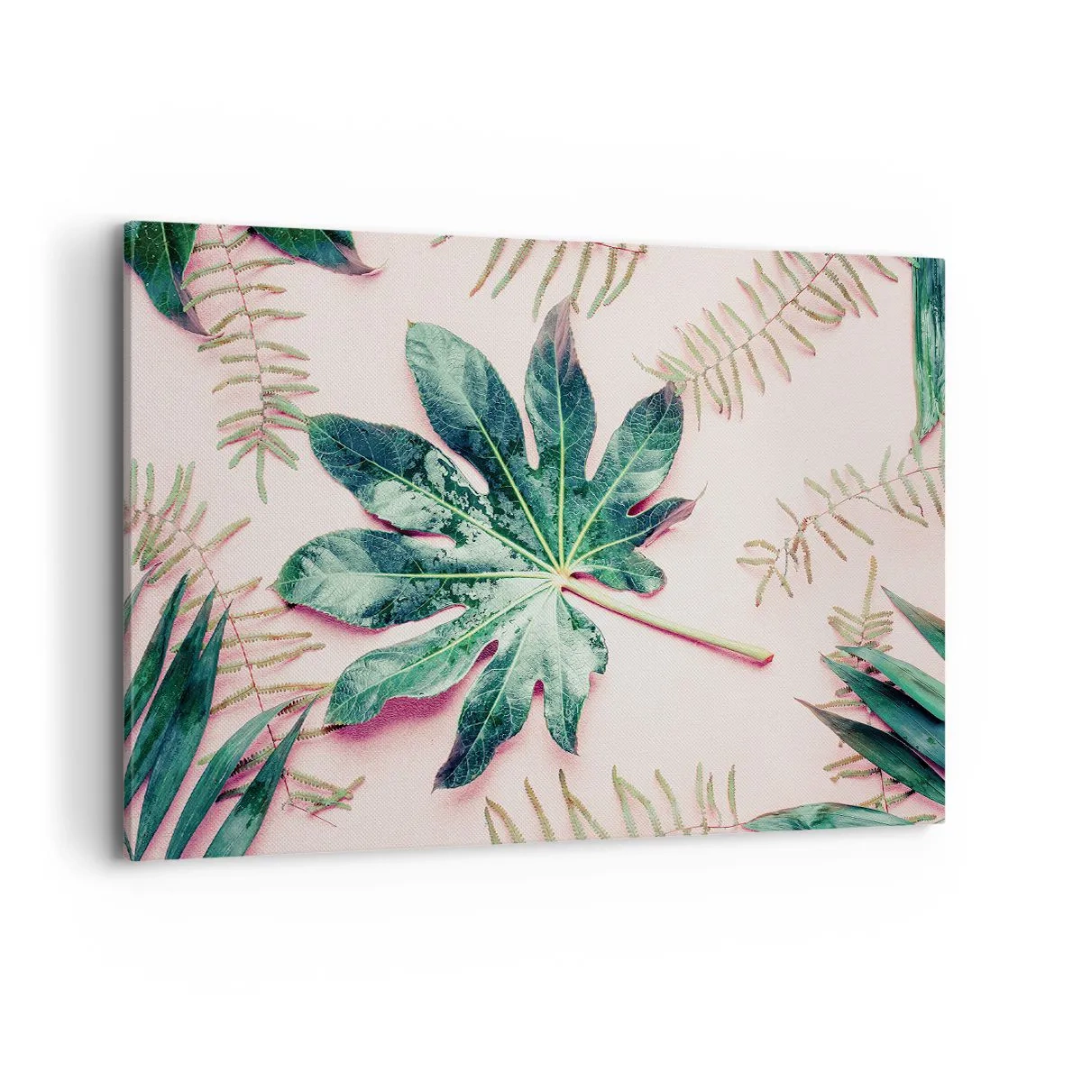 Impression sur toile - Image sur toile - Feuilles tropicales sur fond pastel clair - 100x70cm - Étude de verdure sur fond rose - Décoration murale moderne pour le salon et la chambre ARTTOR