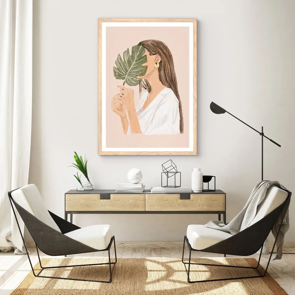 Affiche dans un chêne clair - Poster - Portrait mystérieux avec un éventail - 70x100 cm