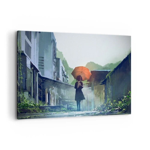 Impression sur toile - Image sur toile - Une silhouette avec un parapluie dans une ville pluvieuse - 100x70cm - Pluie vivifiante - Décoration murale moderne pour le salon et la chambre ARTTOR
