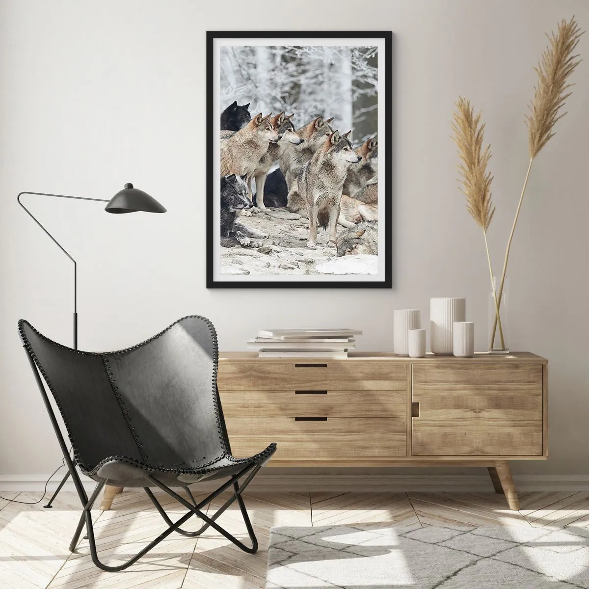 Affiche dans un cadre noir - Poster - Un groupe de loups dans la forêt d'hiver - 50x70cm - Famille et amis - Décoration murale moderne pour le salon et la chambre ARTTOR