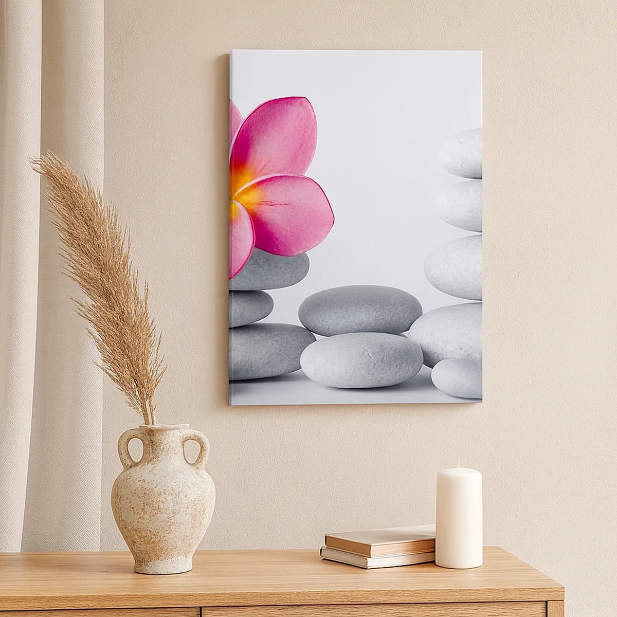 Impression sur toile - Image sur toile - Fleur rose sur pierres de style zen - 50x70cm - Pierre sur pierre, et sur cette pierre... - Décoration murale moderne pour le salon et la chambre ARTTOR