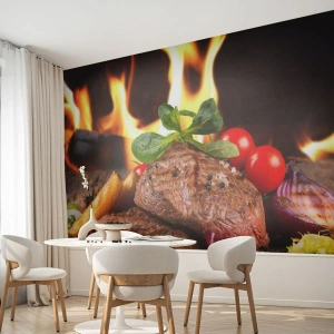 Papier Peint Autocollant Deluxe Sticker - Ensorcelé par la braise - La gastronomie, steak, Flammes de feu - 100x70 cm