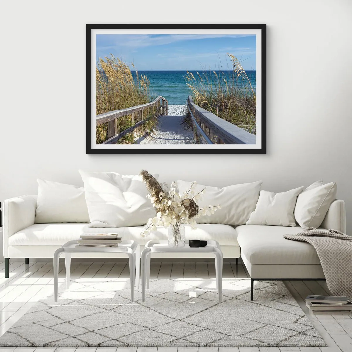 Affiche dans un cadre noir - Poster - Chemin vers la plage avec vue sur la mer - 70x50cm - Au soleil, sous le vent - Décoration murale moderne pour le salon et la chambre ARTTOR