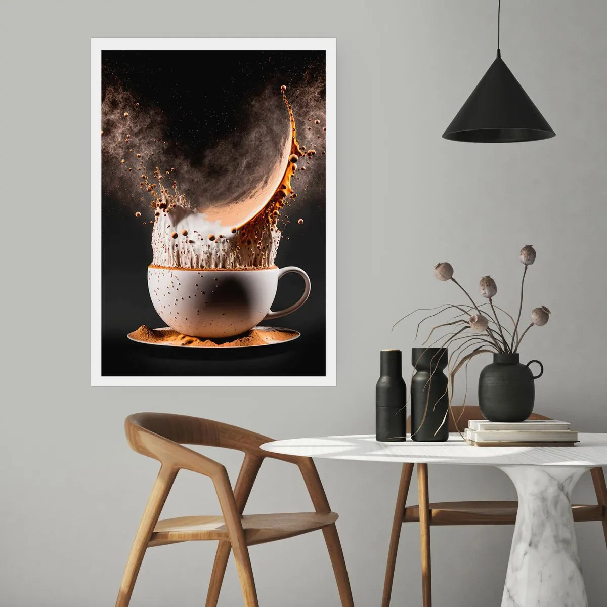 Affiche - Poster - Une explosion dynamique de café dans une tasse - 50x70cm - Une explosion de saveur - Décoration murale moderne pour le salon et la chambre ARTTOR