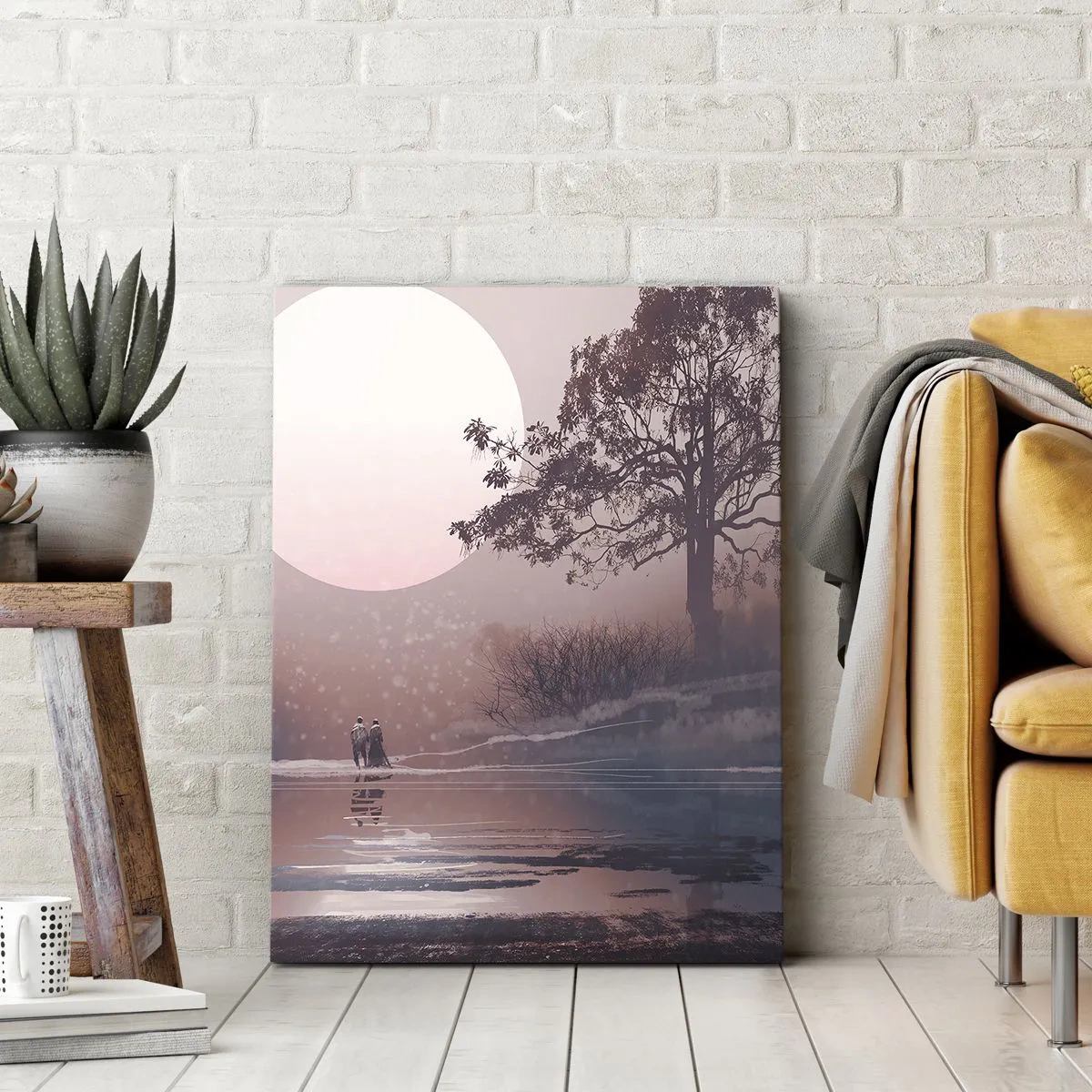 Impression sur toile - Image sur toile - Scène romantique avec la lune et un arbre au bord de l'eau - 70x100cm - Merveilles de la nuit - Décoration murale moderne pour le salon et la chambre ARTTOR