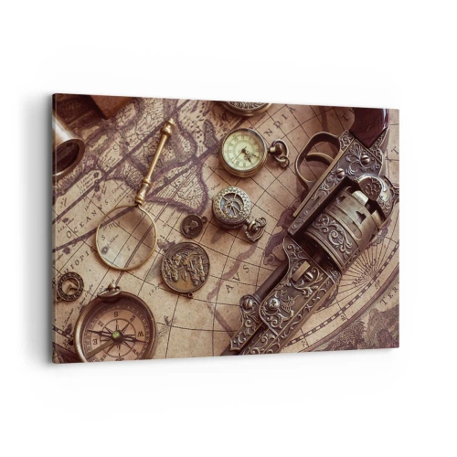 Impression sur toile - Image sur toile - Objets anciens sur une vieille carte dans un style rétro - 120x80cm - L'aventure appelle - Décoration murale moderne pour le salon et la chambre ARTTOR