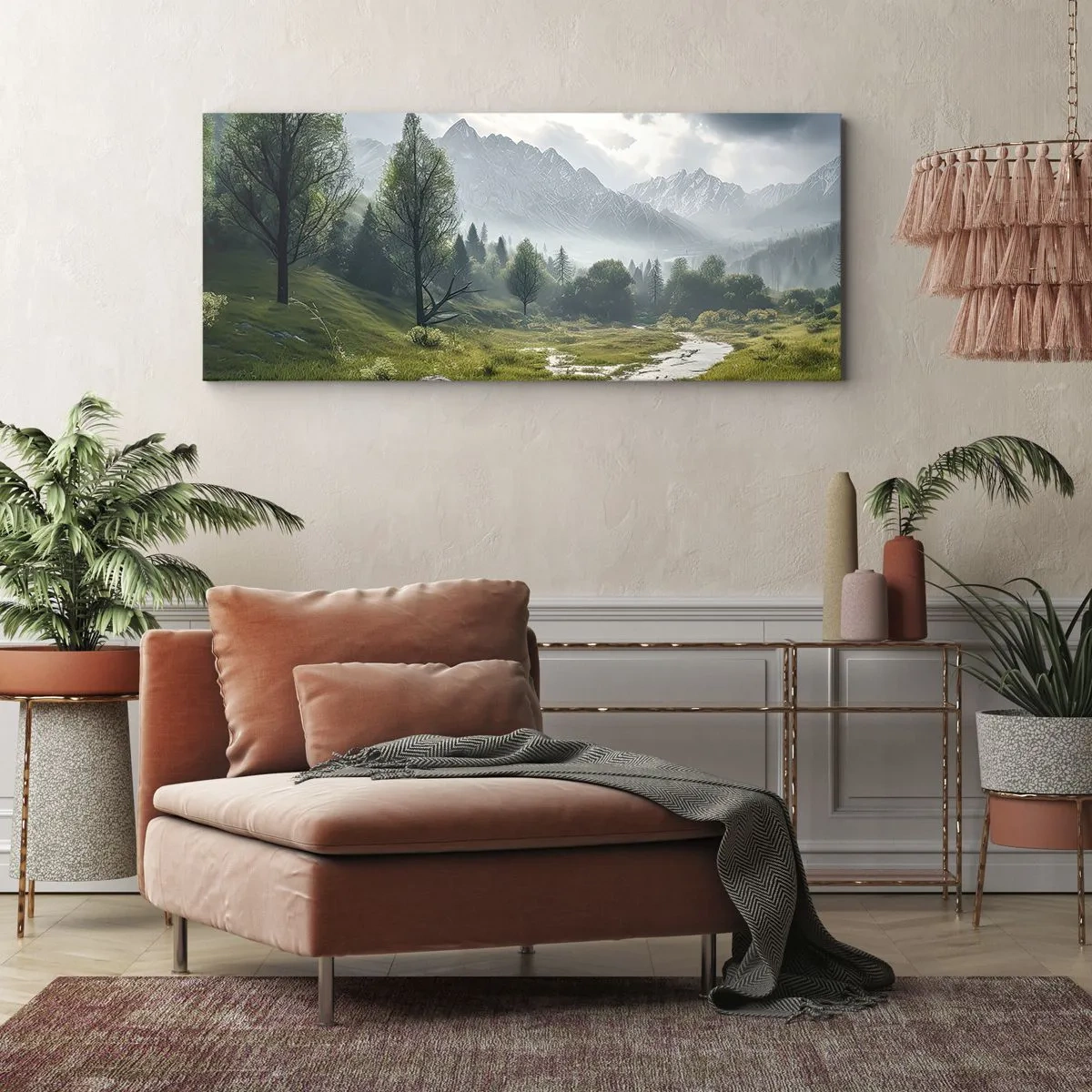 Impression sur toile - Image sur toile - Un paysage de montagne avec une rivière et des arbres entourés de montagnes brumeuses - 140x50cm - Aller et retour - Décoration murale moderne pour le salon et la chambre ARTTOR