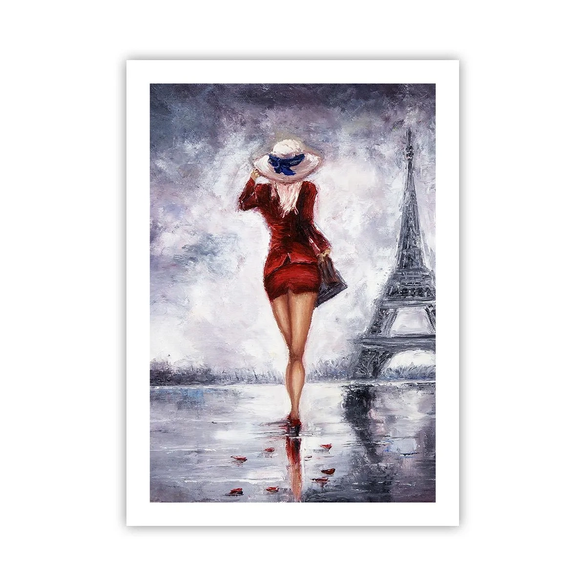 Affiche - Poster - Une femme en robe rouge marchant vers la Tour Eiffel - 50x70cm - Symbole parisien - Décoration murale moderne pour le salon et la chambre ARTTOR