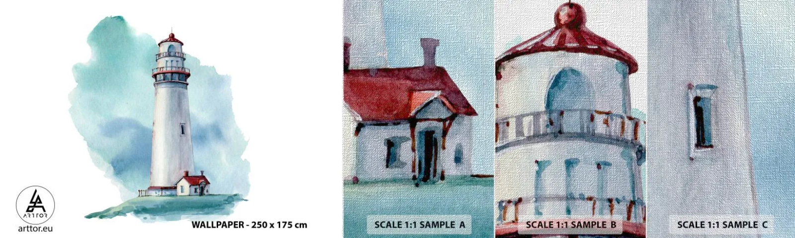 Échantillon de Papier Peint Premium Canvas - La douce sœur du bleu - Phare, Bord de mer, Dessin - 100x30 cm