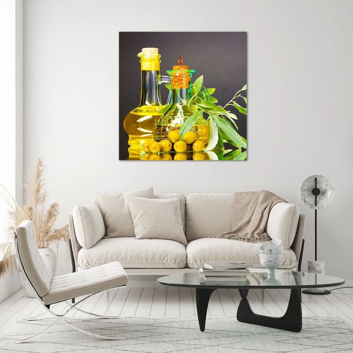 Impression sur verre - Image sur verre - Nature morte aux olives et à l'huile d'olive - 50x50 cm