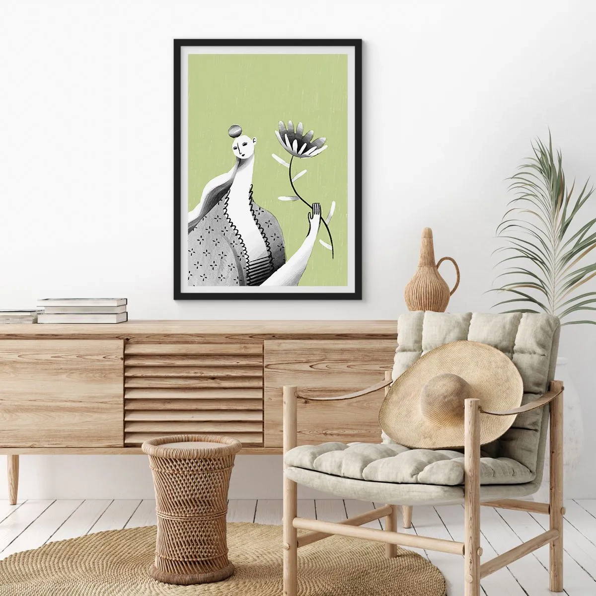 Affiche dans un cadre noir - Poster - Portrait moderniste – tenant une fleur - 30x40 cm