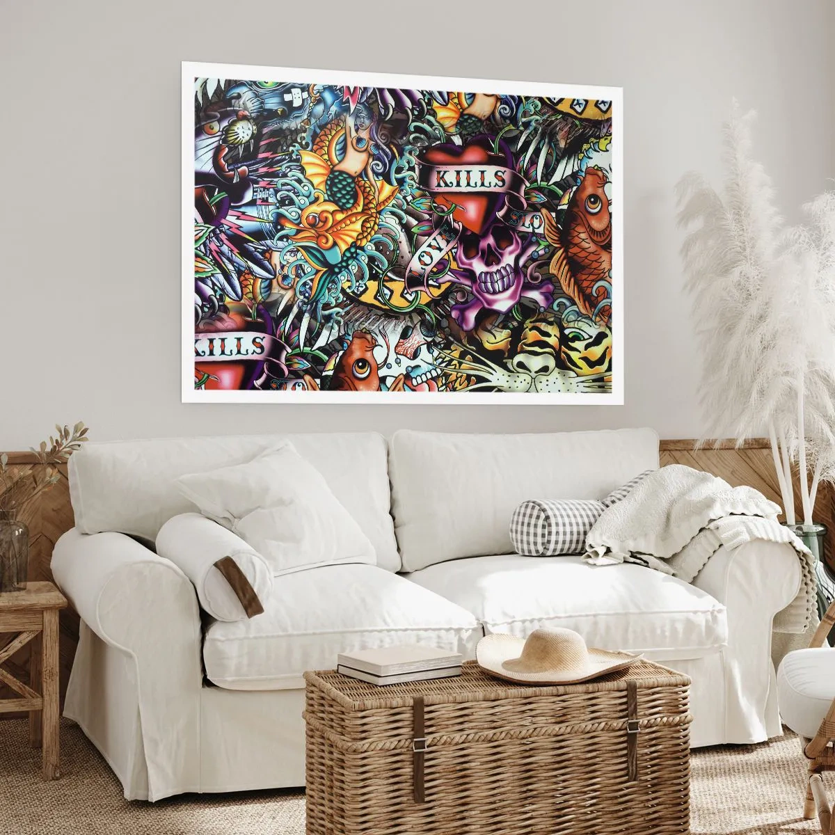 Affiche - Poster - Œuvre d'art colorée de style tatouage avec des crânes et des motifs nautiques - 100x70cm - Le rêve du tatoueur - Décoration murale moderne pour le salon et la chambre ARTTOR