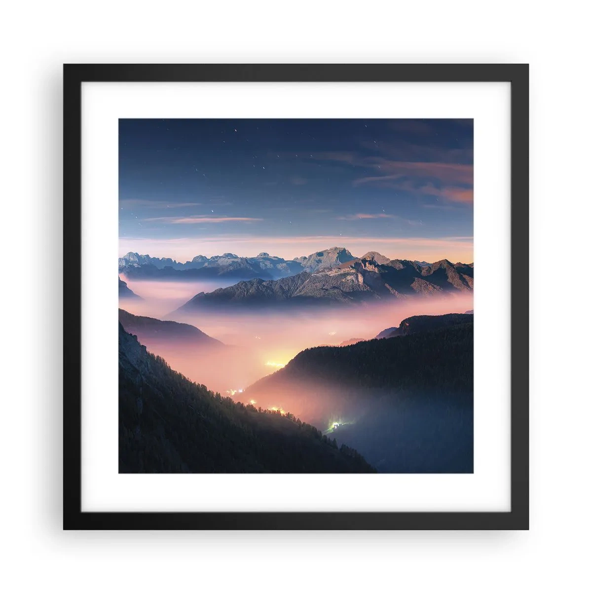 Affiche dans un cadre noir - Poster - Lumière dans les vallées - 40x40 cm