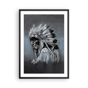 Affiche dans un cadre noir - Poster - Portrait d'un chef indien portant une coiffe de plumes sur fond gris - 50x70cm - Retour aux sources - Décoration murale moderne pour le salon et la chambre ARTTOR