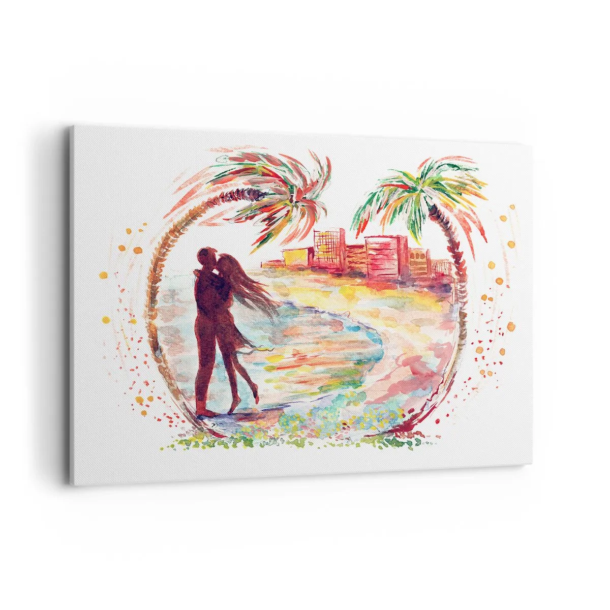 Impression sur toile - Image sur toile - Scène de couple romantique sur une plage avec des palmiers à l'aquarelle - 100x70cm - Vacances romantiques - Décoration murale moderne pour le salon et la chambre ARTTOR