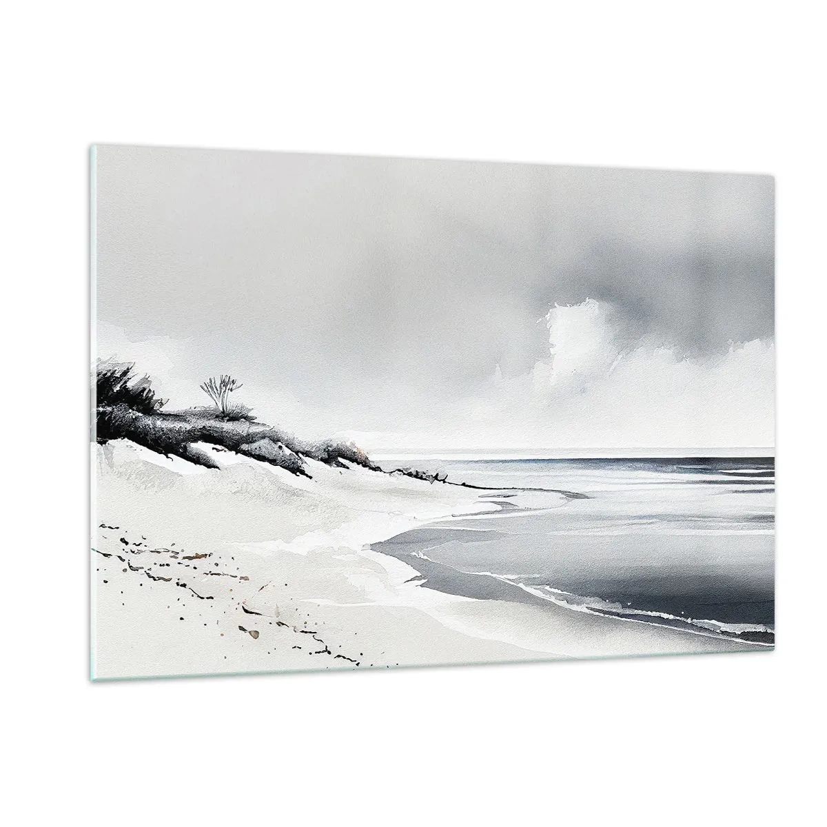 Impression sur verre - Image sur verre - Plage noire et blanche avec horizon et mer calme - 120x80cm - Ensemble depuis toujours - Décoration murale moderne pour le salon et la chambre ARTTOR