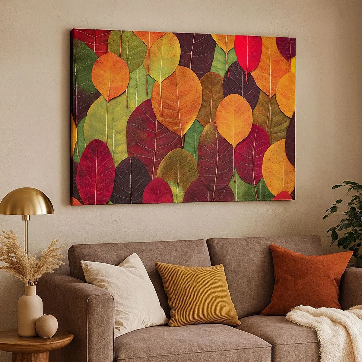 Impression sur toile - Image sur toile - Feuilles colorées disposées selon un motif d'automne - 70x50cm - Mozaique printannière - Décoration murale moderne pour le salon et la chambre ARTTOR