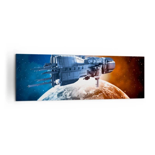 Impression sur toile - Image sur toile - Un vaisseau spatial avec en arrière-plan une planète dans l'espace - 160x50cm - Un observateur attentif - Décoration murale moderne pour le salon et la chambre ARTTOR