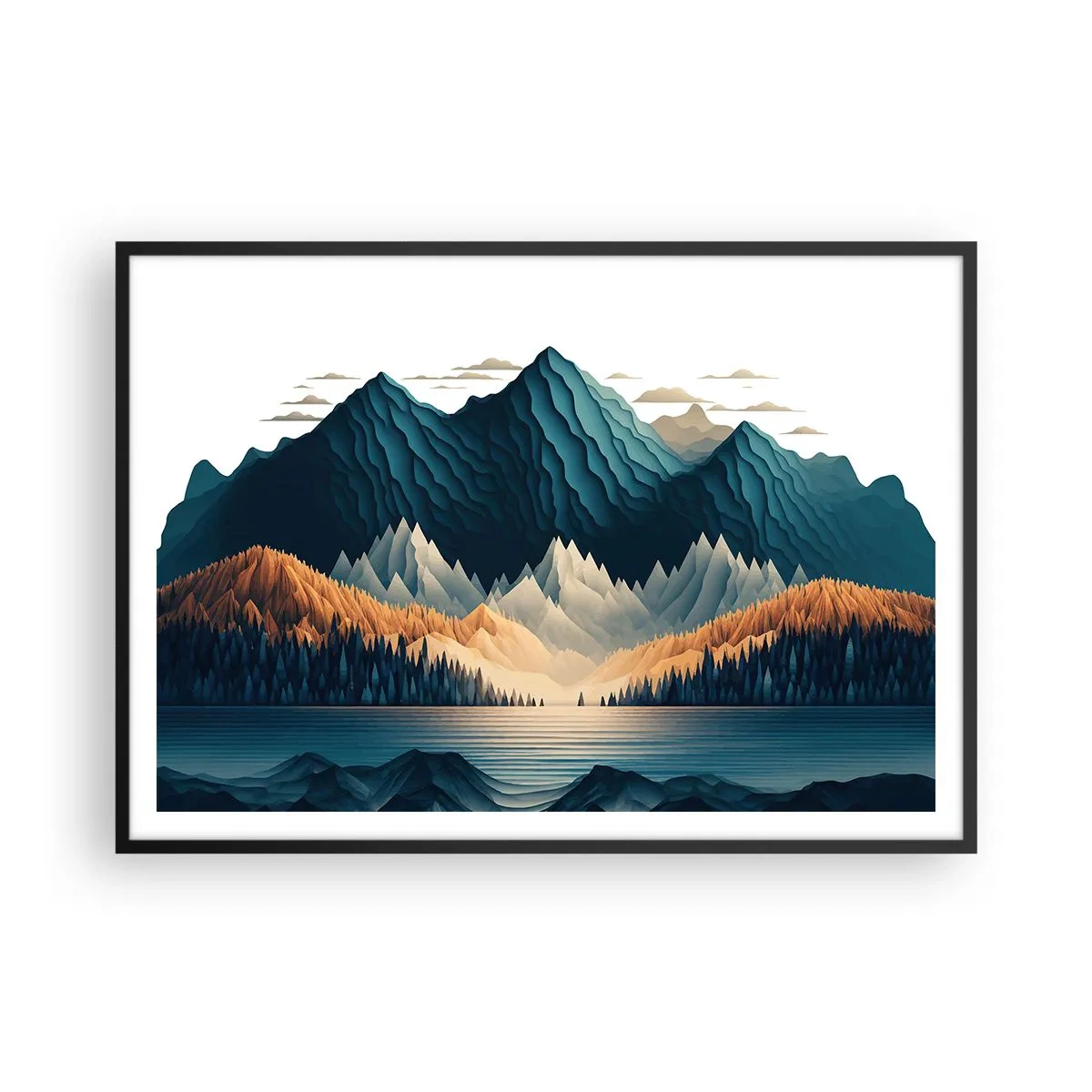Affiche dans un cadre noir - Poster - Montagnes pittoresques sur le lac au coucher du soleil - 100x70cm - Paysage de montagne parfait - Décoration murale moderne pour le salon et la chambre ARTTOR