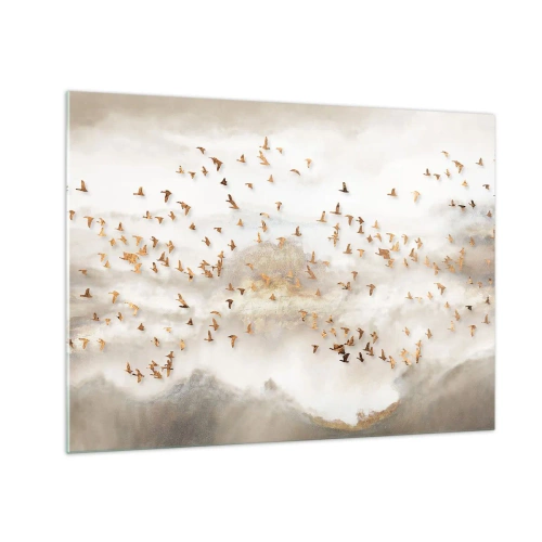 Impression sur verre - Image sur verre - Une volée d'oiseaux survolant un paysage brumeux - 70x50cm - Il est l'heure… - Décoration murale moderne pour le salon et la chambre ARTTOR