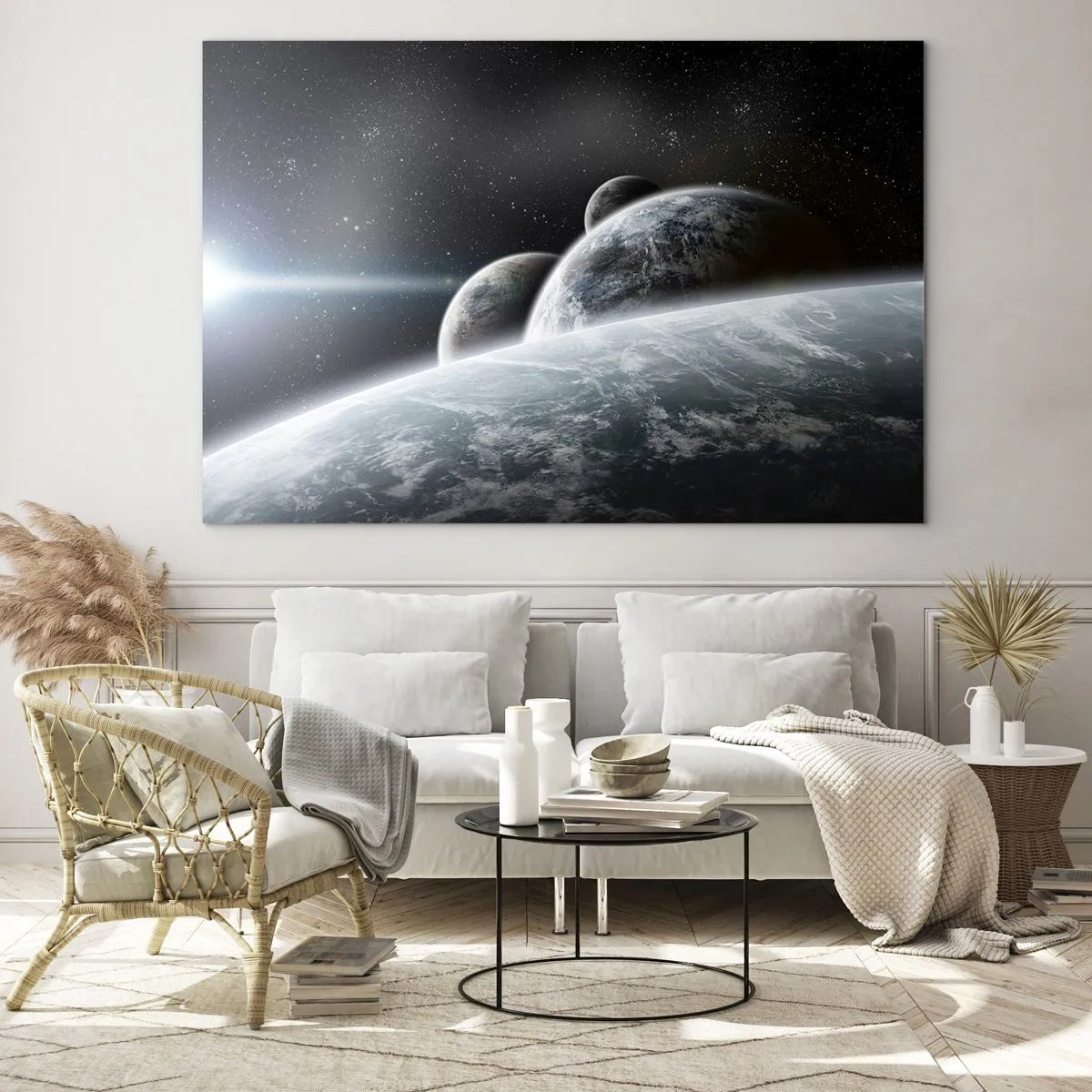 Impression sur verre - Image sur verre - Planètes dans l'espace avec un rayon de lumière - 70x50cm - Musique cosmique des sphères - Décoration murale moderne pour le salon et la chambre ARTTOR
