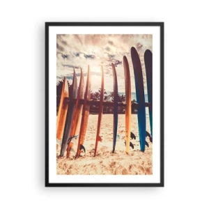 Affiche dans un cadre noir - Poster - Planches de surf colorées sur fond de plage et de palmiers - 50x70cm - Bonne nuit, à demain - Décoration murale moderne pour le salon et la chambre ARTTOR