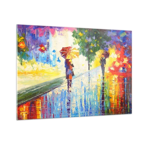 Impression sur verre - Image sur verre - Une promenade colorée sous la pluie avec un parapluie impressionniste - 100x70cm - Et tout est clair - Décoration murale moderne pour le salon et la chambre ARTTOR