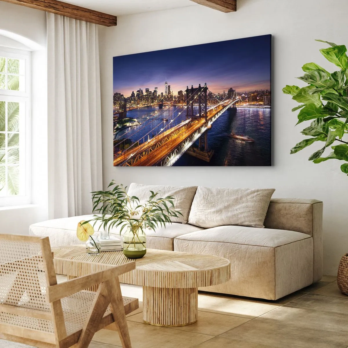Impression sur toile - Image sur toile - Le pont et le panorama de la ville au coucher du soleil - 100x70cm - Un pont lumineux au cœur de la ville - Décoration murale moderne pour le salon et la chambre ARTTOR