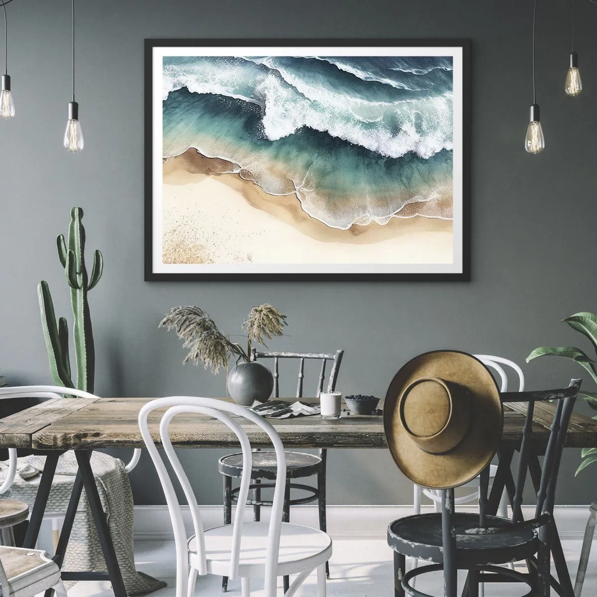 Affiche dans un cadre noir - Poster - Vue sur la plage et les vagues de la mer dans des tons turquoise - 100x70cm - La rencontre éternelle - Décoration murale moderne pour le salon et la chambre ARTTOR