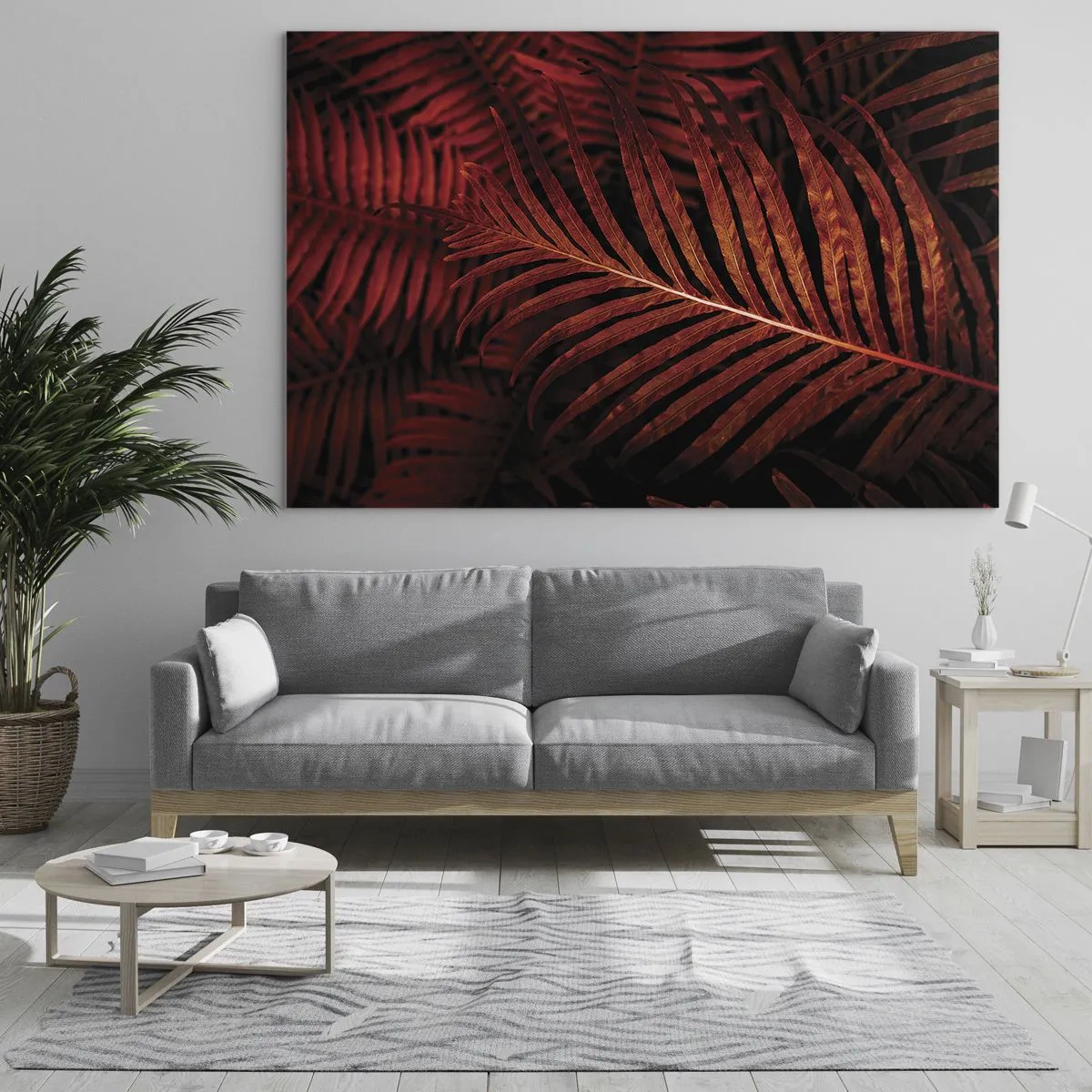Impression sur verre - Image sur verre - Feuilles rouges d'une plante tropicale sur fond sombre - 120x80cm - Chaleur de la vie - Décoration murale moderne pour le salon et la chambre ARTTOR