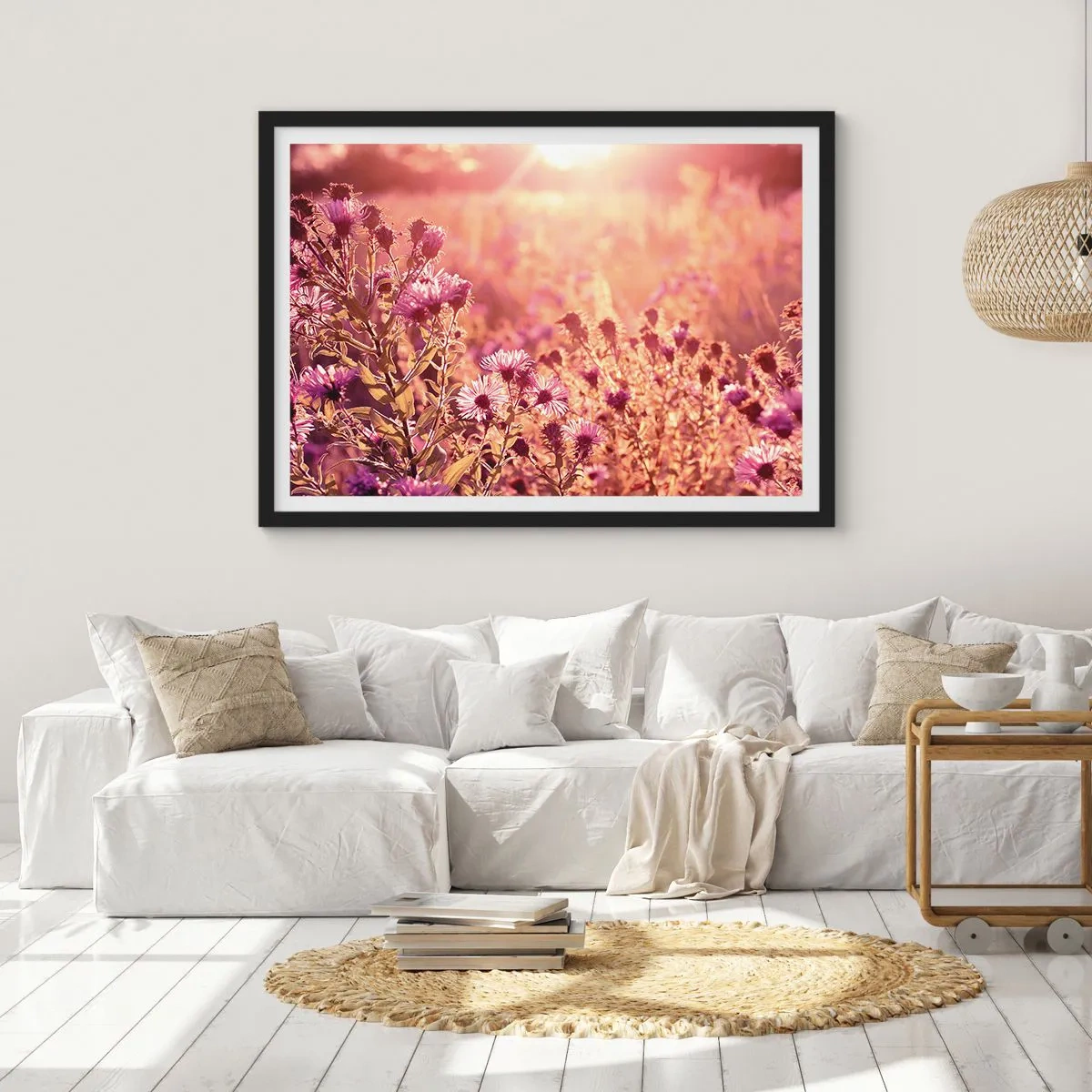 Affiche dans un cadre noir - Poster - Prairie à la lumière du soleil couchant - 100x70cm - Avant que l'été ne parte - Décoration murale moderne pour le salon et la chambre ARTTOR