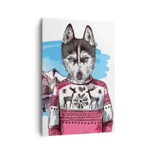 Impression sur toile - Image sur toile - Un loup dans un pull d'hiver sur fond de paysage de montagne - 70x100cm - Un loup en laine de mouton - Décoration murale moderne pour le salon et la chambre ARTTOR