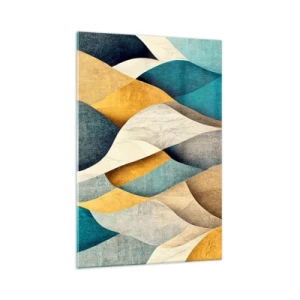Impression sur verre - Image sur verre - Vagues abstraites dans des tons de bleu et d'or - 70x100cm - Rythme et vague - Décoration murale moderne pour le salon et la chambre ARTTOR