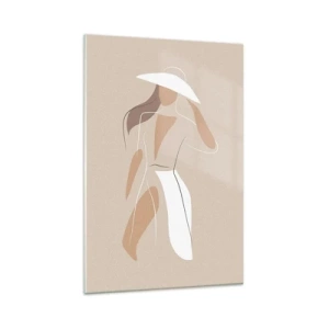 Impression sur verre - Image sur verre - Un dessin minimaliste d'une femme avec un chapeau sur fond beige. - 80x120cm - Lea mode est un jeu - Décoration murale moderne pour le salon et la chambre ARTTOR