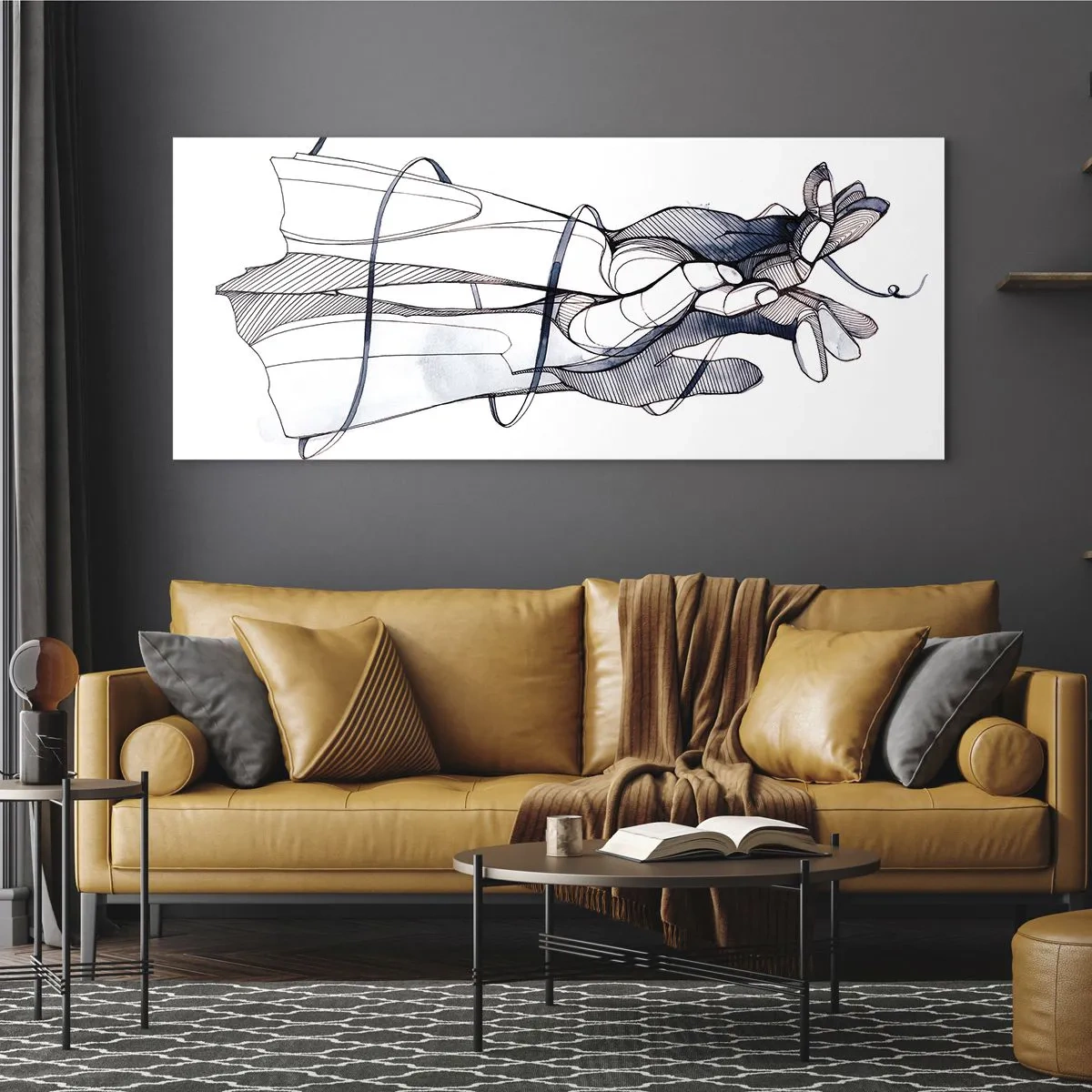 Impression sur verre - Image sur verre - Un dessin subtil d'une main avec une fleur délicate - 160x50cm - Étude du touché - Décoration murale moderne pour le salon et la chambre ARTTOR