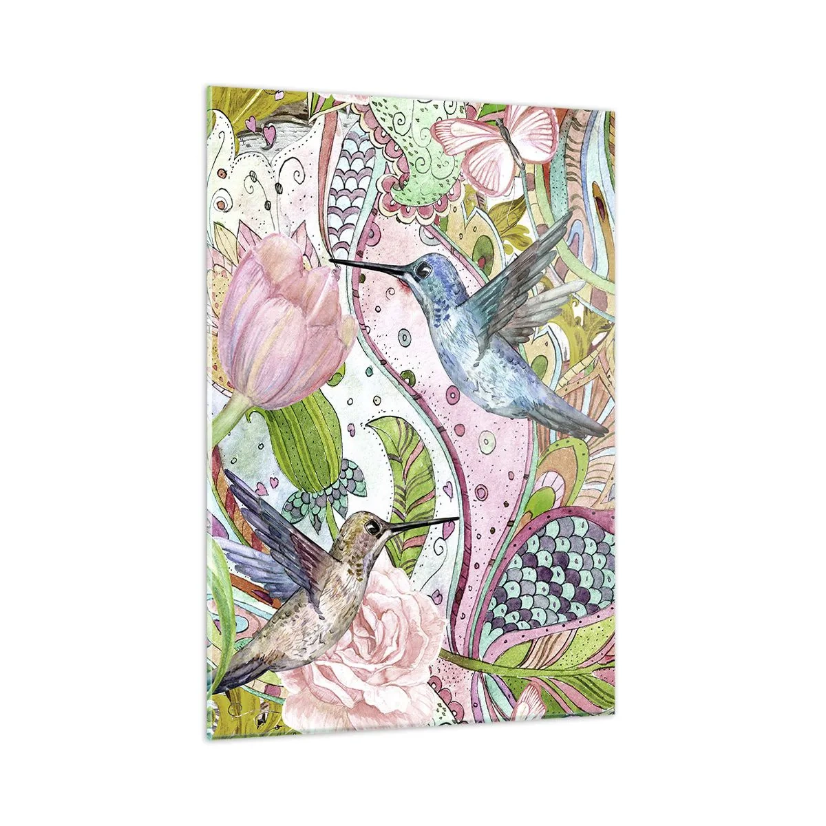 Impression sur verre - Image sur verre - Colibris colorés parmi les fleurs et les papillons - 50x70cm - Empêtré dans les vignes - Décoration murale moderne pour le salon et la chambre ARTTOR