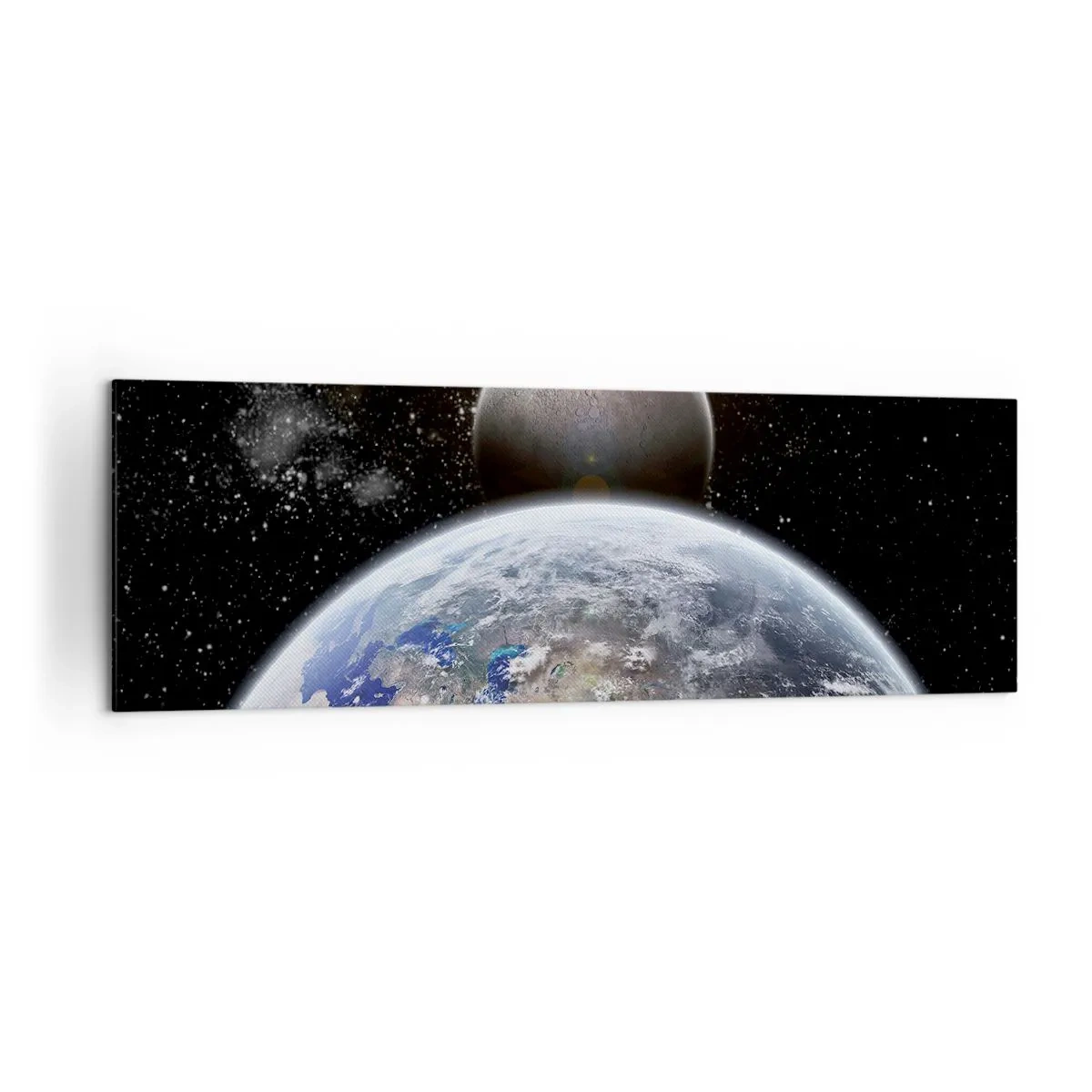 Impression sur toile - Image sur toile - La planète Terre et la Lune sur fond d'espace étoilé. - 160x50cm - Paysage cosmique - lever de soleil - Décoration murale moderne pour le salon et la chambre ARTTOR