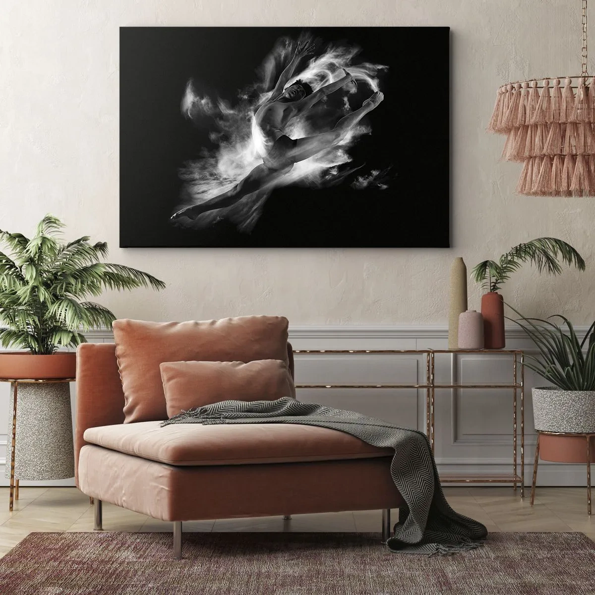 Impression sur toile - Image sur toile - Une danseuse dans une pose dynamique sur fond noir - 100x70cm - Coincé en l'air - Décoration murale moderne pour le salon et la chambre ARTTOR