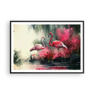 Affiche dans un cadre noir - Poster - Flamants roses au bord de l'eau entourés de végétation - 100x70cm - Une leçon de grâce naturelle - Décoration murale moderne pour le salon et la chambre ARTTOR