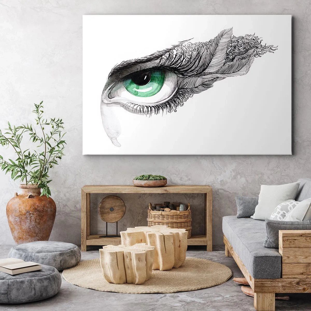 Impression sur toile - Image sur toile - Œil artistique avec iris vert et détails de dessin - 100x70cm - Belle et prête à l'attaque - Décoration murale moderne pour le salon et la chambre ARTTOR