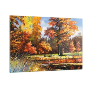 Impression sur verre - Image sur verre - Paysage d'automne avec arbres et reflet dans l'eau - 120x80cm - Paysage en or et bronze - Décoration murale moderne pour le salon et la chambre ARTTOR