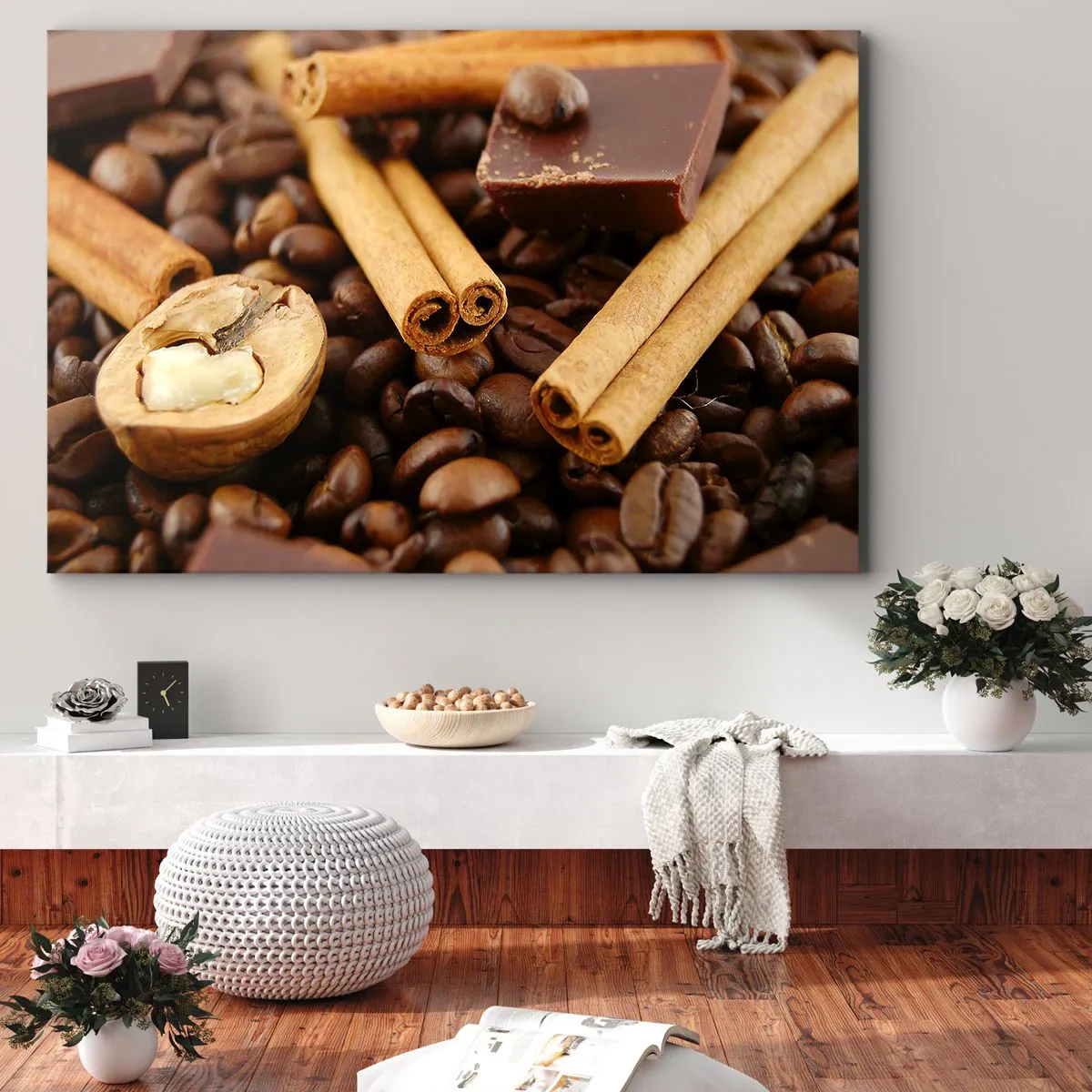 Impression sur toile - Image sur toile - Grains de café avec bâtons de cannelle, chocolat et noix. - 100x70cm - Concert d'aromates - Décoration murale moderne pour le salon et la chambre ARTTOR